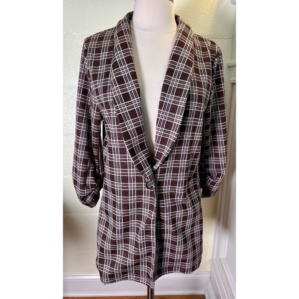 Altar'd State Polyester Aubree Blazer w/ Ruched 3/4 Sleeves - Brown Plaid Size M